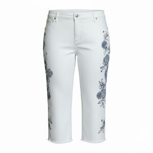 Chico's Perfect Stretch Girlfriend Slim Leg Floral Capri Pants White Navy 3.5 18